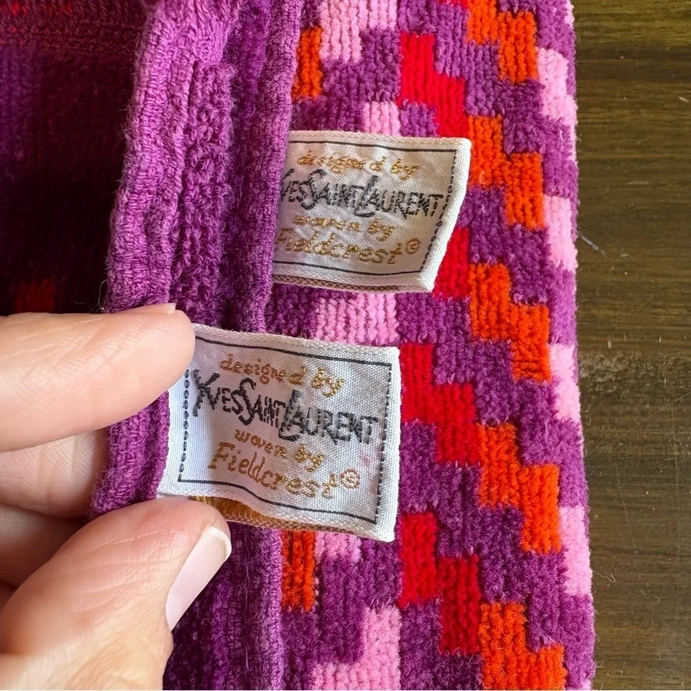 Vintage YSL Towel Set Chevron Abstract Geo Retro Bright Purple Red Orange Fringe